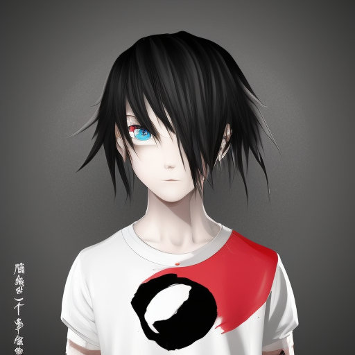 man, red eyes, black hair, with white and blonde locks, japanese cheek painting, black t-shirt with anime print, natural skin texture, 3d, game,