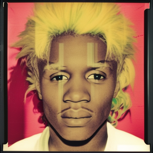 Cheap polaroid of African American male with blonde hair watching tv by Andy Warhol. Photorealistic. Film grain. Full color