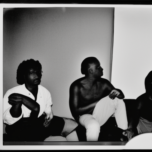 African American beat writers sitting and talking in cheap hotel in Morroco, vintage Polaroid photography by Andy Warhol, documentary filmmaker
