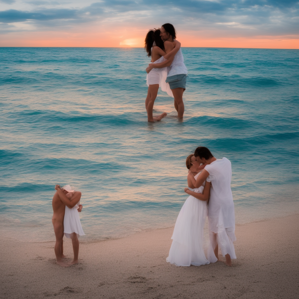 Create an image of a beautiful beach scene, with crystal clear water and white sand. Include a couple in love embracing, with a breathtaking sunset in the background.