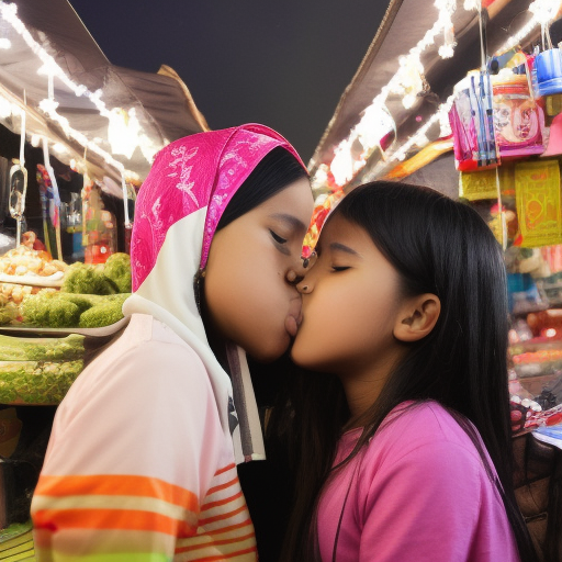 two preteens melayu girl kissing in night market 