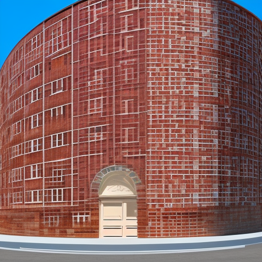 circular building, 32 rooms, two stories, orange bricks