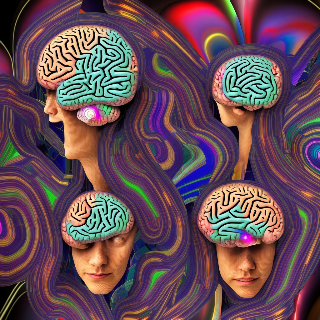 A humanoid person's brain locked inside the virtual universe, a chaotic landscape of swirling colors and distorted shapes, representing the person's inner turmoil and distorted perception of the world impacting their inner turmoil and the impact of their isolation on their psyche. A mixture of fantasy and futuristic perspective.