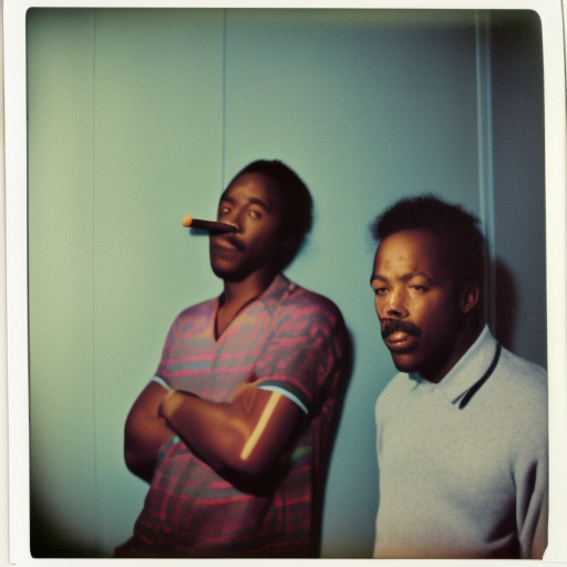 Long shot, vintage color Polaroid photograph of two African American men smoking in a cheap apartment by Andy Warhol. Published in Paris Review. Photorealistic