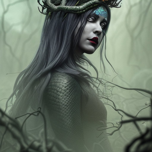 dramatic portrait of the dark queen of snakes, wearing a crown of thorned vines, blue skin, realism, dark fantasy illustration, surrounded by dead forest, dynamic lighting, detailed textures, octane render, artstation