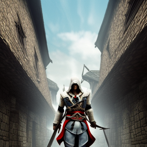 assassin creed logo in japanese medieval place and man with assassin creed outfit