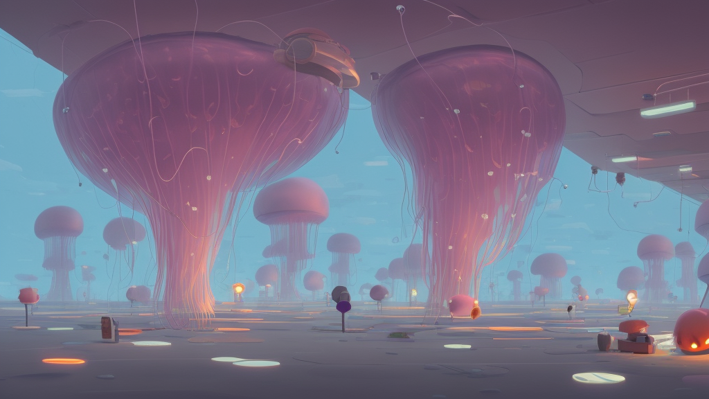 Jellyfish library by Goro Fujita and Simon Stalenhag , 8k, trending on artstation, hyper detailed, cinematic