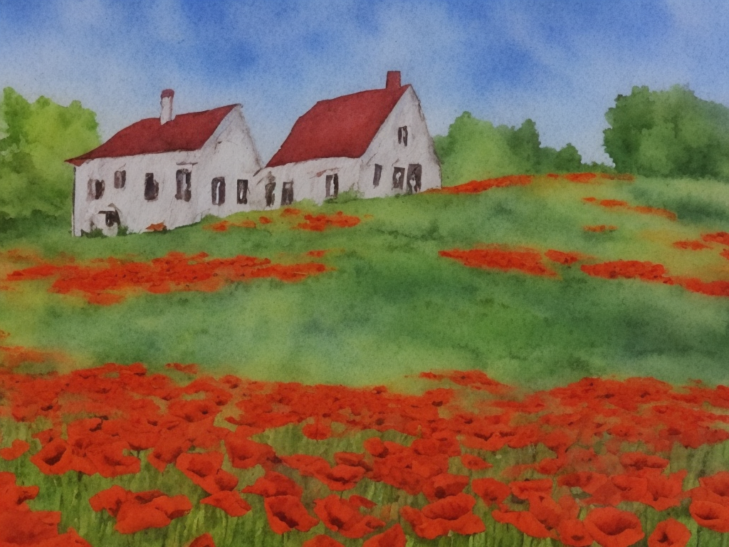 old house in the poppy field, watercolor,  Ann Blockley style