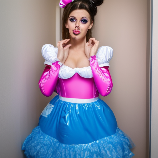 ((A majestic portrait of arabian female with blue eyes ,small nose and big lips)), with her huge lips, bun hair , wearing a pink  Sissy French Maid Lockable "latex" Puffy A Line Dress Costume, with short rounded puffy  sleeves and puff sleeves, from an aerial view, in hallway .