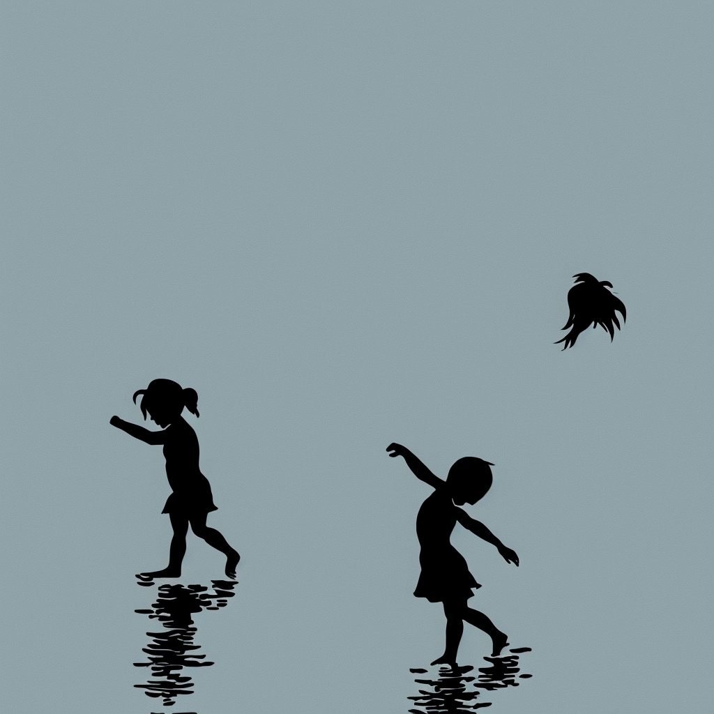 silhouette of a small girl playing in the ocean, in the style of hiroshi nagai, black ink