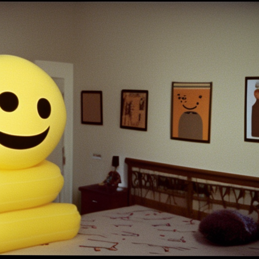 bored housewife meets a smiley inflatable toy in a seedy motel room, 1982 color Fellini film, ugly motel room with dirty walls and old furniture, archival footage, technicolor film, 16mm, live action, John Waters, wacky comedy