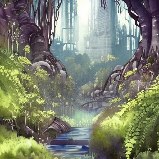 Beautiful overgrown pitoresque sci-fi city in harmony with nature. Nice colour scheme, soft warm colour. Beautiful detailed watercolor by Lurid. (2022)