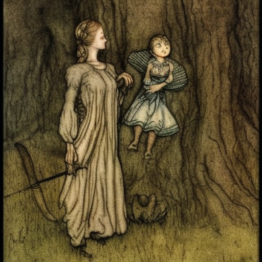 the mother was great. she made even the giants look small. the giants were great. thou art tiny, like a little doll. arthur rackham illustration, extremely high quality