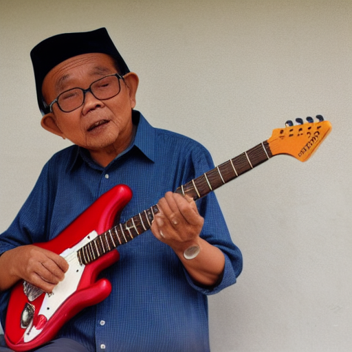 Wise old Malaysian man playing electric guitar rock