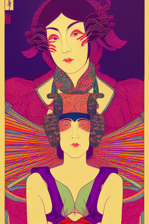 A psychedelic portrait of beautiful woman, vibrant color scheme, highly detailed, in the style of romanticism, cinematic, artstation, Moebius, golden ratio, incredible art, masterpiece ultra realism Unreal 5 render with nanite, global illumination and path tracing, cinematic post-processing Ukiyo-e Japanese woodblock