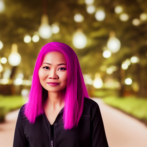 malay woman with pink hair ultra-realistic portrait cinematic lighting 80mm lens, 8k, photography bokeh, oil painting, smiling, Vermeer