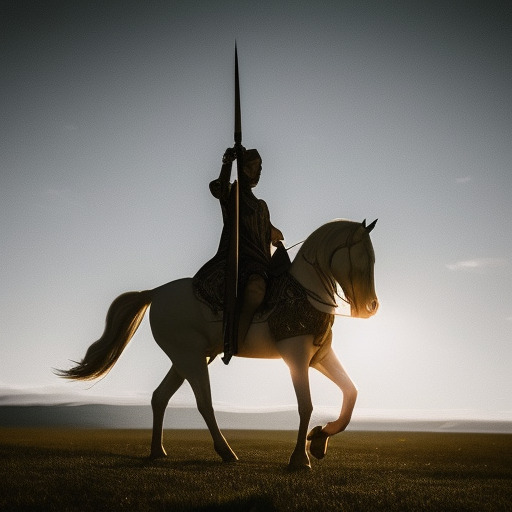 man traveling to another dimension on a white horse with a sword in hand, and golden clothing, ultra-realistic portrait cinematic lighting 80mm lens, 8k, photography bokeh