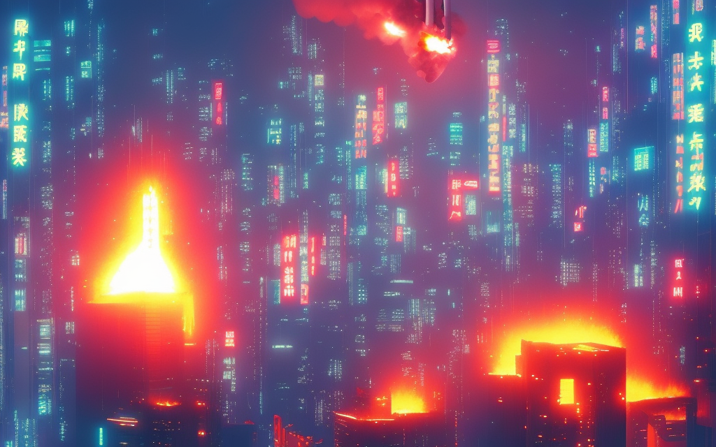 photorealistic large battle mech firing missiles into blade runner tower city on fire and exploding, neon japanese billboards, blue sky

