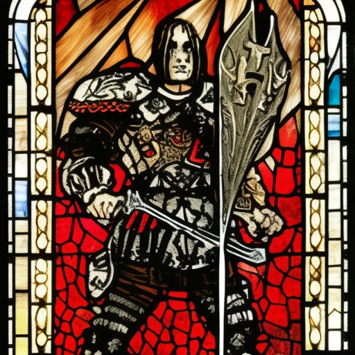 dark medieval, a young evil satanic triumphant gladiator holding a sword up, Warhammer fantasy, intricate stained glass, black and red, gold and blue, grim-dark, detailed, gritty