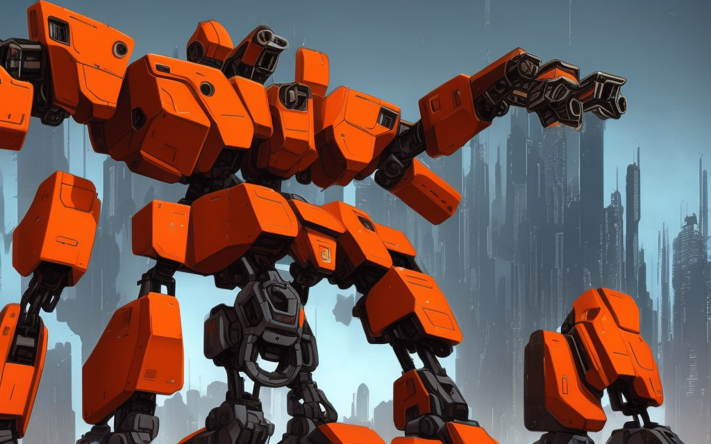 very realistic large battle mech with firing missiles, tall futuristi city, mech with orange panels exploding into pieces

