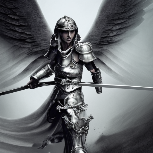 hyper detailed ultra sharp full portrait of a beautiful warrior angel with silver armor and magic sword in dramatic pose, facing alone an army of soldiers with their faces covered with a helmet, running towards her brandishing swords and spears, in the middle of a field; 8 k, hd, cinematic, volumetric light, proportional, trending on artstation, sharp focus, studio photo, intricate details, highly detailed, by greg rutkowski, professional ominous concept art, an intricate, elegant, highly detailed digital painting