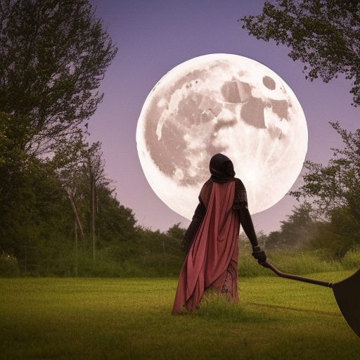 girl walking toward big moon with a scyth through graveyard