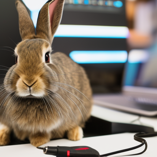 Rabbit in headset at desk