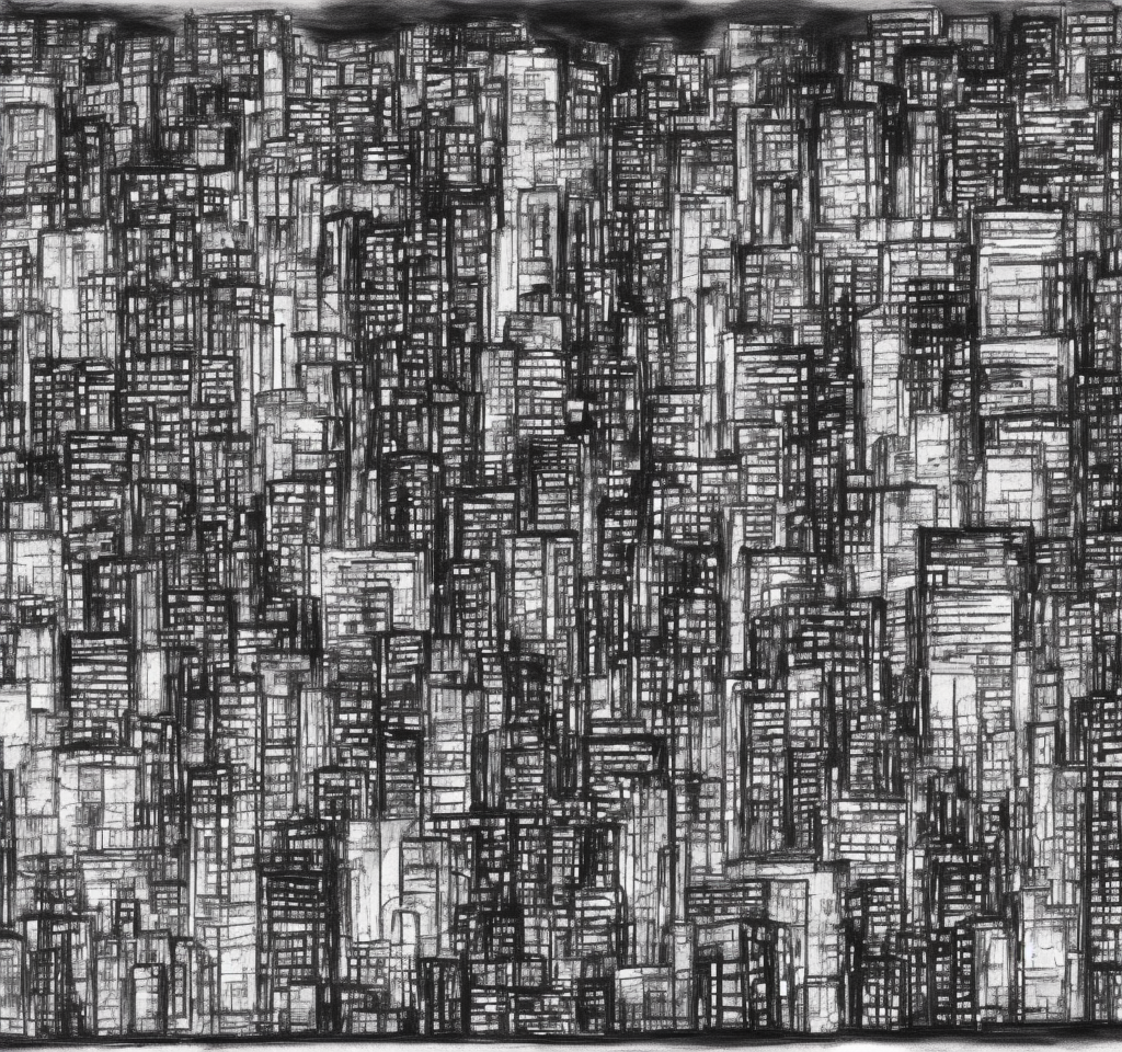 an abstract picture of a city at night, pixiv, lyrical abstraction, mixed media, cityscape, dynamic composition black and white pencil illustration high quality