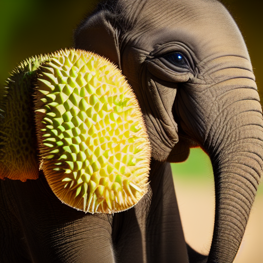 macro shot photograph of an extremely tiny baby elephant wearing a durian crown, photorealistic, 8k