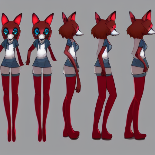 female character sheet, concept art, fox legs, fox ears, part fox, anthropomorphic female, lone female, red hair, character sheet, sketch, anime, paws, close - up, feet replaced with paws, human face.