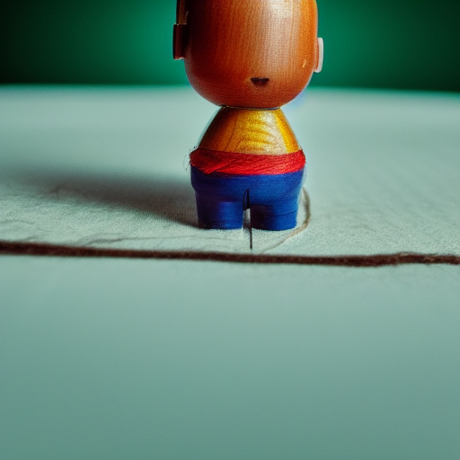 an simple puerto rican doll crafted from sanded wood , wearing little hand stitched overalls, worms eye view, with hair that is a green ombre macro camera lens, cinematic, focus 
