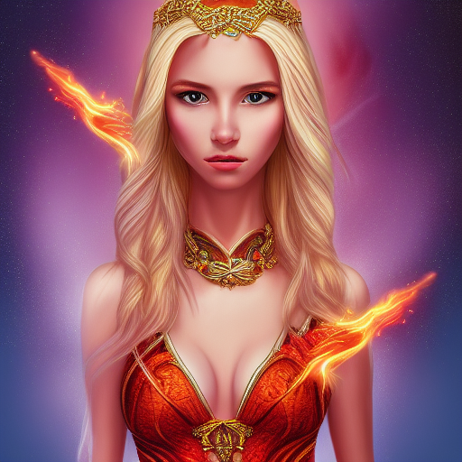 Blonde Goddess, holds a spark of all creation in her hands, a tiny red dragonlet, intricate dress, wide angle, intricate, elegant, overdetailed, professional digital painting,, smooth, sharp focus, 8K, realistic