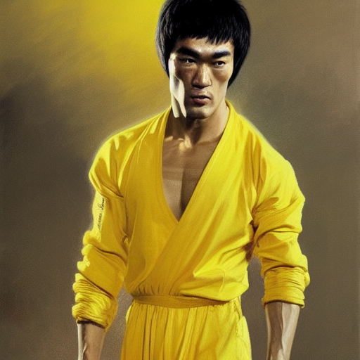 portrait of bruce lee in yellow jump suit!!!!!!!!!!!!!!!!!!!!!!!!!!!, detailed face, detailed painting, epic lighting, by ilya repin, phil hale and kent williams