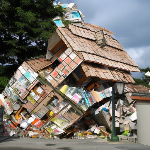 flying manga style building made of rubbish