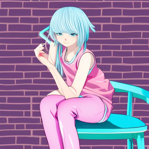 confident girl with silver hair and blue eyes sitting on a wooden chair, wearing pink pants and pink shoes, front view camera , japanese anime style , hard lines , japanese manga style, full body scale official art, detailed painting, digital painting --v 4 --q 2