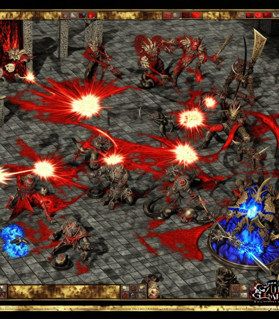 evil guy beating good guy, battle between good and evil, Path of Exile, Warhammer fantasy, black and red, gold and blue, intricate stained glass, grim-dark, gritty