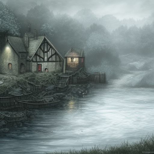 dark medieval wide river, rocky rapids, river lock with two sluices between island and shore, two water levels, Warhammer fantasy, house, summer, trees, fishing, nets, black adder, misty, overcast, Dark, creepy, grim-dark, gritty, Yuri Hill, hyperdetailed, realistic, illustration, high definition