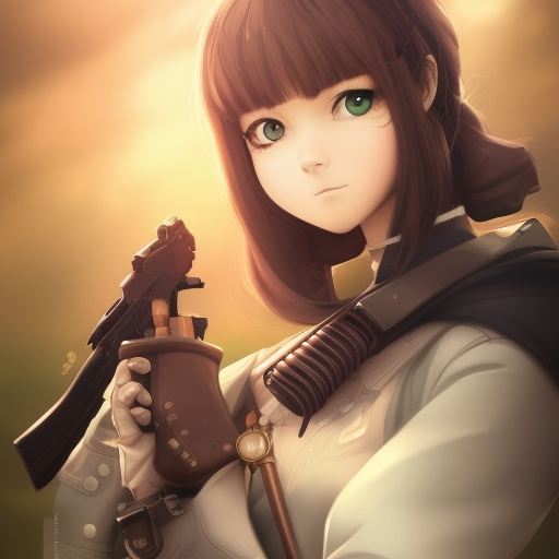 girl with steampunk weapons and uniform, serious, finely detailed, made by wlop, studio ghibli, artgerm, full body portrait, illustration, grass, sunny, sky, anime, side view, perfect anime face, detailed face, zoomed out, smooth,