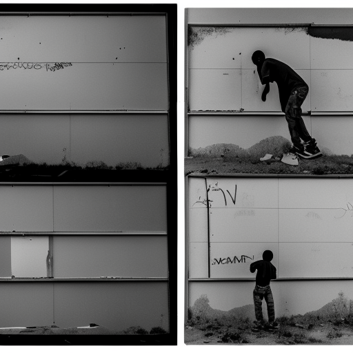Contact sheet, 35mm black and white photography, African American males spray painting graffiti in abandoned factory 