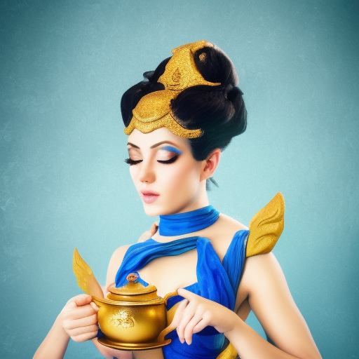 Female genie holding a itty-bitty golden magic teapot, stuning fantasy photograph, render of a female genie, beautiful photo of a fairytale, blue djinn, fantasy photography, beautiful genie girl, jinn
