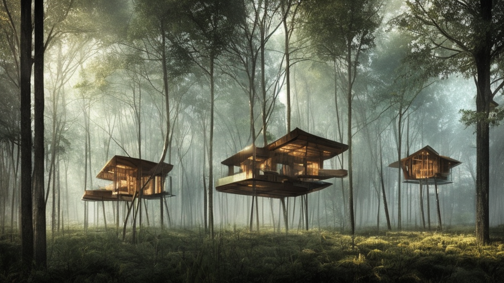 photo of real treehouses, on stilts, made of staked container with glass windows, modernist, mysterious dense forest, autumn lights, misty, smoky atmosphere, photorealism, sharp details, some rays of light, cgsociety, masterpiece, hyper - detailed, hd, hdr, 8 k, by ruan jia, michael komarck, greg rutkowski 
