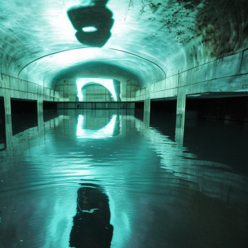 flooded abandoned underground waterpark, liminal space, dark, eerie, creepy, dark lighting, liminal,