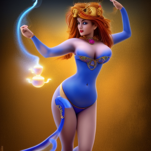 Realistic, high-quality, detailed, 8k, photorealistic, ultrarealistc, massive breasted, Female genie with extremely revealing genie outfit escapes her golden teapot by crawling out the spout, stuning fantasy photograph, render of a beautiful and seductive female genie, beautiful photo of a fairytale, blue djinn, fantasy photography, beautiful genie girl, jinn