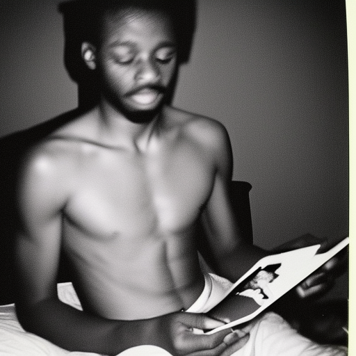 Long shot, skinny Shirtless African American male sitting on bed reading magazine in old motel room, early 2000s, flash photography, polaroid—-6745759