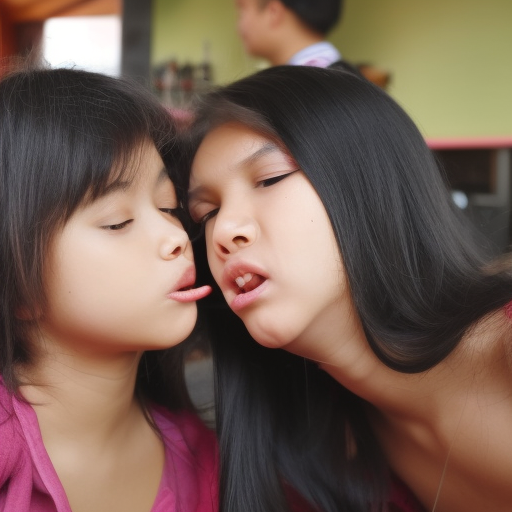 two sisters melayu girl kissing in cafe 
