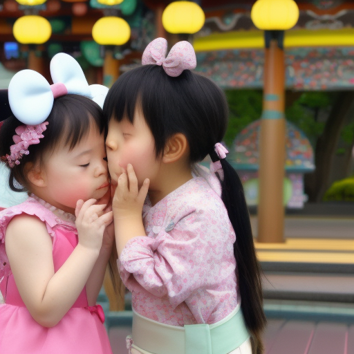 two Little japanese girl kissing in disney land 