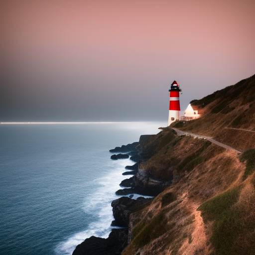  Lighthouse on a cliff at twilight, foggy atmosphere, heavy sea, photorealistic, 4k, Unreal engine, Cinematic, Ground-Shot Angle, Nikon, Golden hour, Golden ratio, ISO200 --q 1 --ar 16:9 