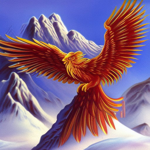 game cg painting of a phoenix, a phoenix in a mountain range of ice and snow in nirvana