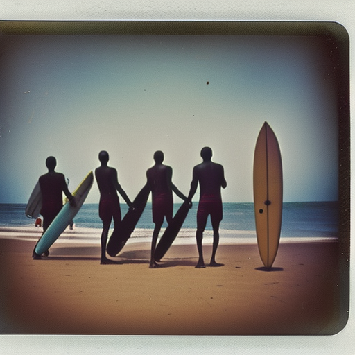 vintage Polaroid photograph of three African men carrying surfboards and walking on beach in Liberia by Andy Warhol. Photorealistic. Film grain. Full color