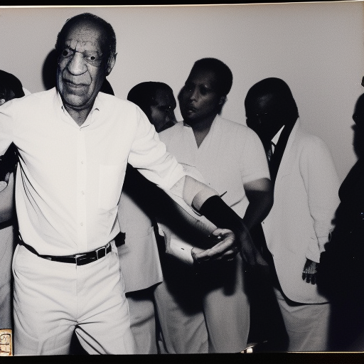 long shot, bill cosby in white button down shirt at a crowded party in downtown loft, anatomically correct, vintage color polaroid photography by Andy Warhol